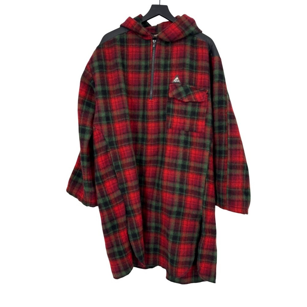 Egmont Vintage Red & Green Plaid Hooded Wool Coat W/ Quarter-Zip & Pocket